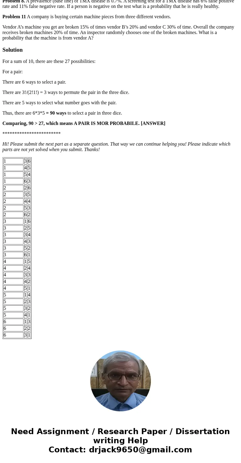 Please work with great detail Problem 2 What is more probable: a) To get 10 as a sum of the scores on three dice or b) To get a pair of numbers after tossing th