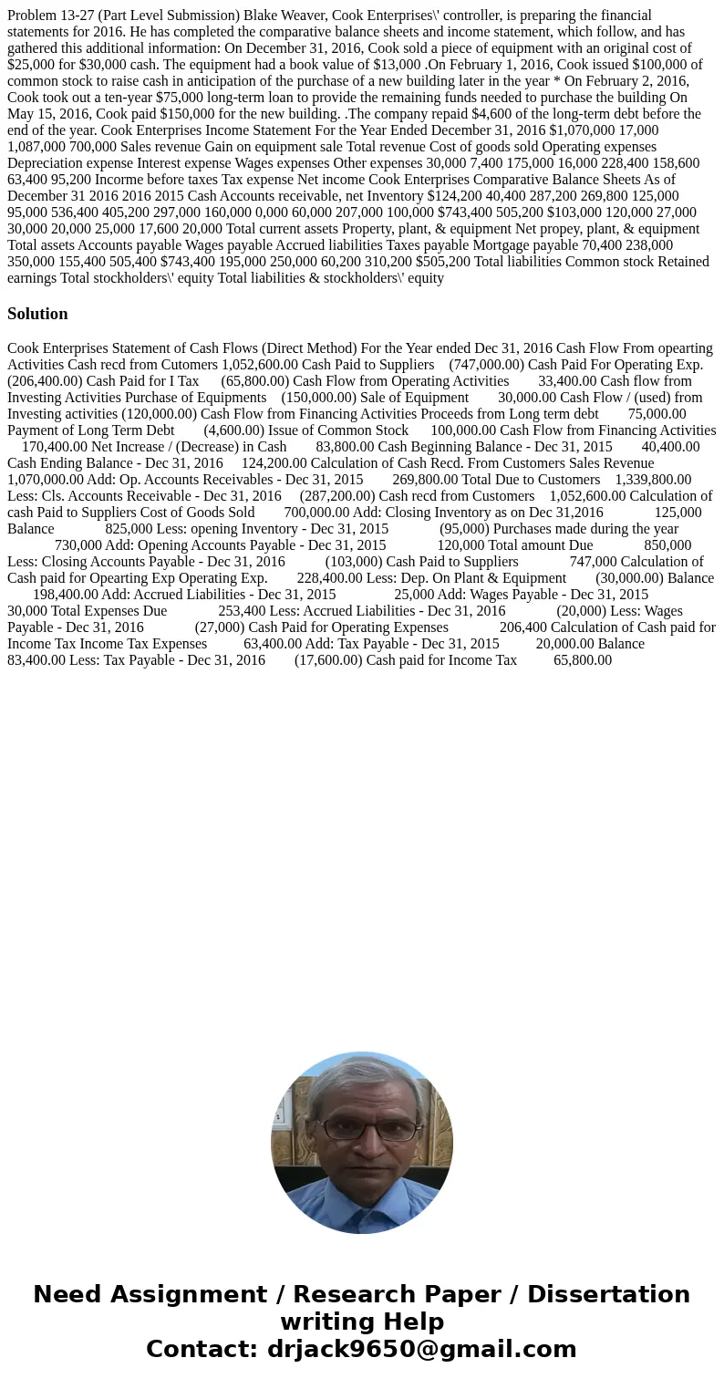 Problem 13-27 (Part Level Submission) Blake Weaver, Cook Enterprises\' controller, is preparing the financial statements for 2016. He has completed the compara  Problem 13-27 (Part Level Submission) Blake Weaver, Cook Enterprises\' controller, is preparing the financial statements for 2016. He has completed the compara
