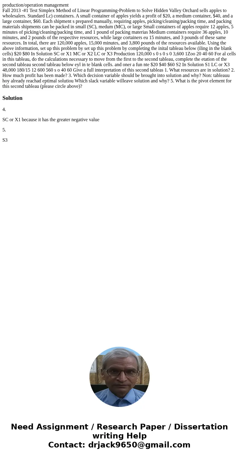 production/operation management Fall 2013 -#1 Test Simplex Method of Linear Programming-Problem to Solve Hidden Valley Orchard sells apples to wholesalers. Stan production/operation management Fall 2013 -#1 Test Simplex Method of Linear Programming-Problem to Solve Hidden Valley Orchard sells apples to wholesalers. Stan