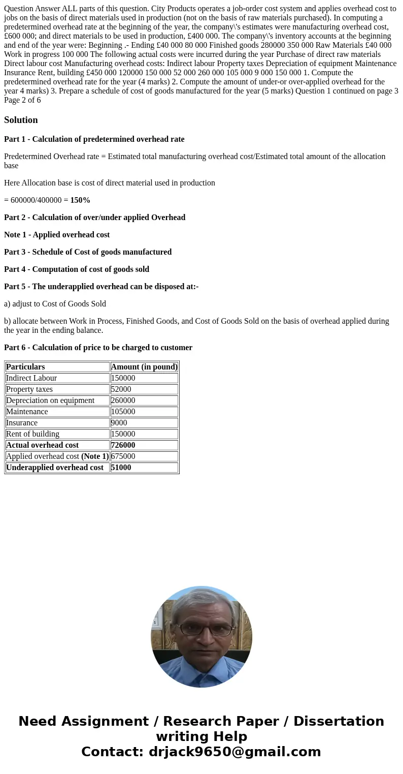  Question Answer ALL parts of this question. City Products operates a job-order cost system and applies overhead cost to jobs on the basis of direct materials u