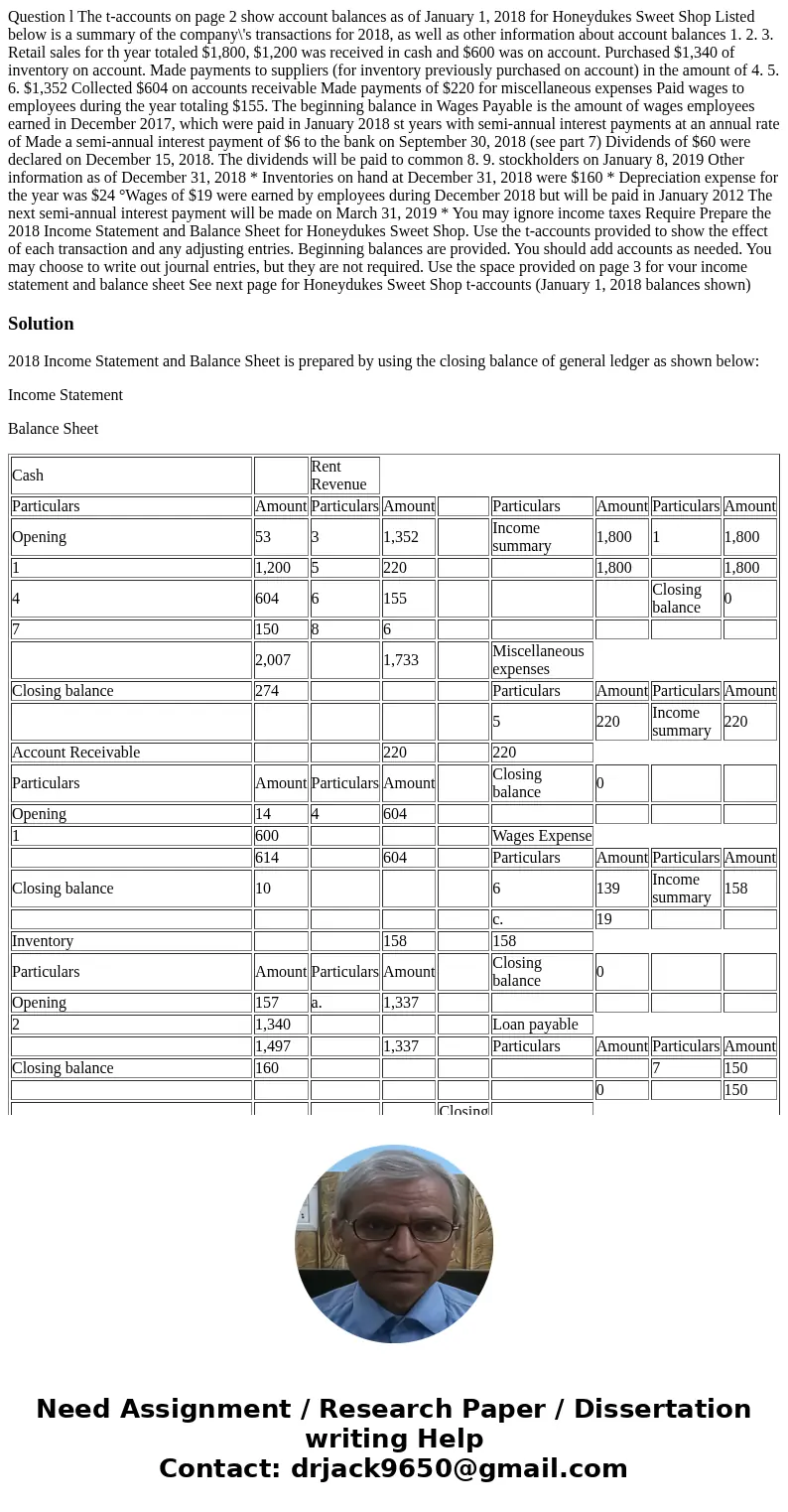  Question l The t-accounts on page 2 show account balances as of January 1, 2018 for Honeydukes Sweet Shop Listed below is a summary of the company\'s transacti