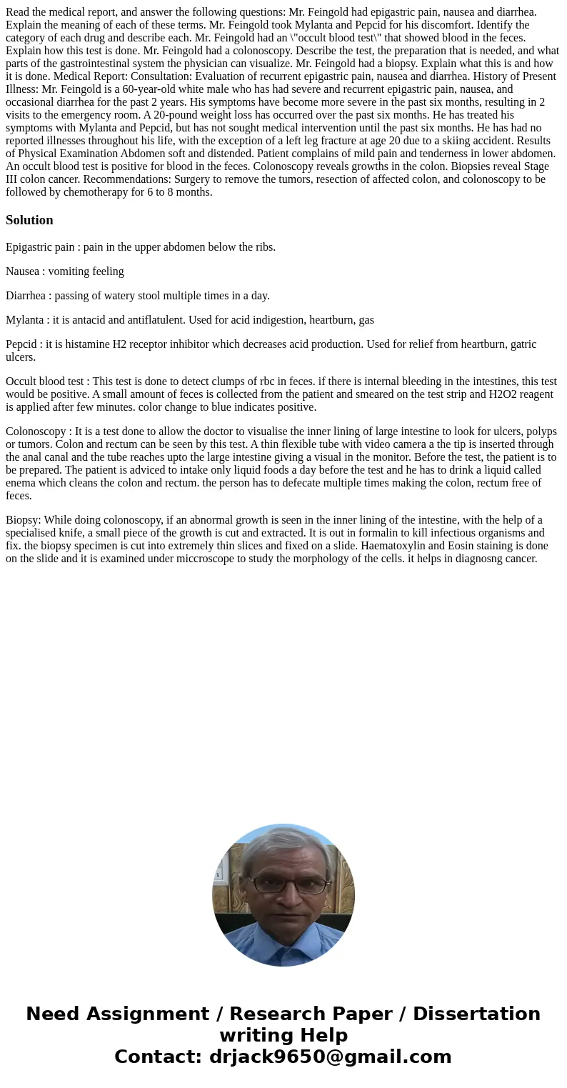 Read the medical report, and answer the following questions: Mr. Feingold had epigastric pain, nausea and diarrhea. Explain the meaning of each of these terms.  Read the medical report, and answer the following questions: Mr. Feingold had epigastric pain, nausea and diarrhea. Explain the meaning of each of these terms.