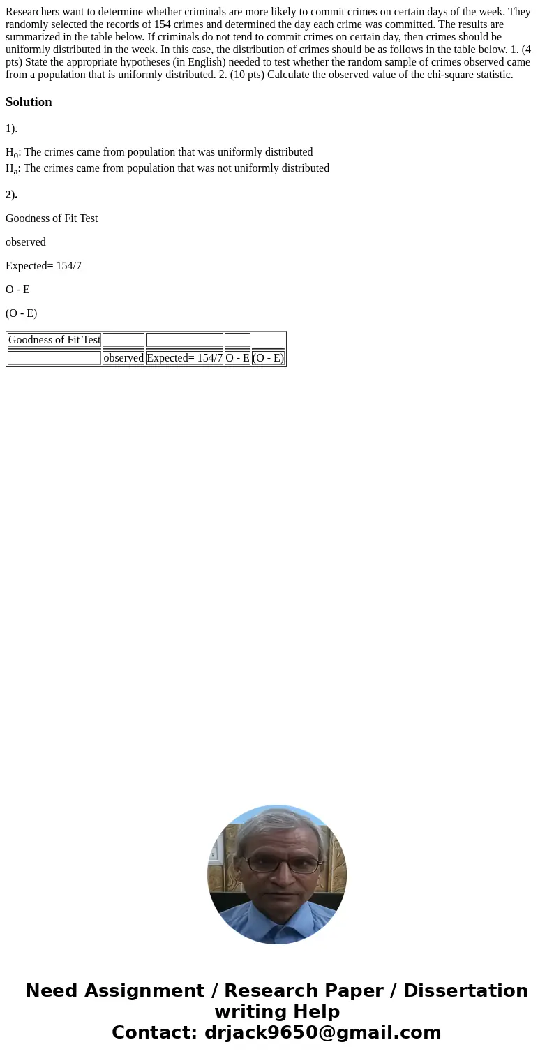  Researchers want to determine whether criminals are more likely to commit crimes on certain days of the week. They randomly selected the records of 154 crimes 