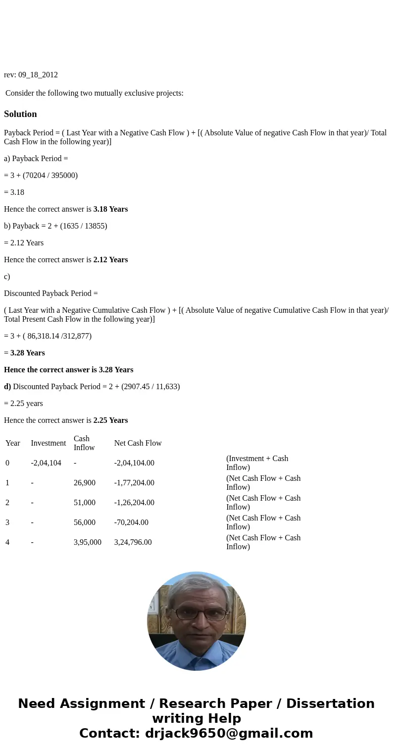  rev: 09_18_2012 Consider the following two mutually exclusive projects: SolutionPayback Period = ( Last Year with a Negative Cash Flow ) + [( Absolute Value of