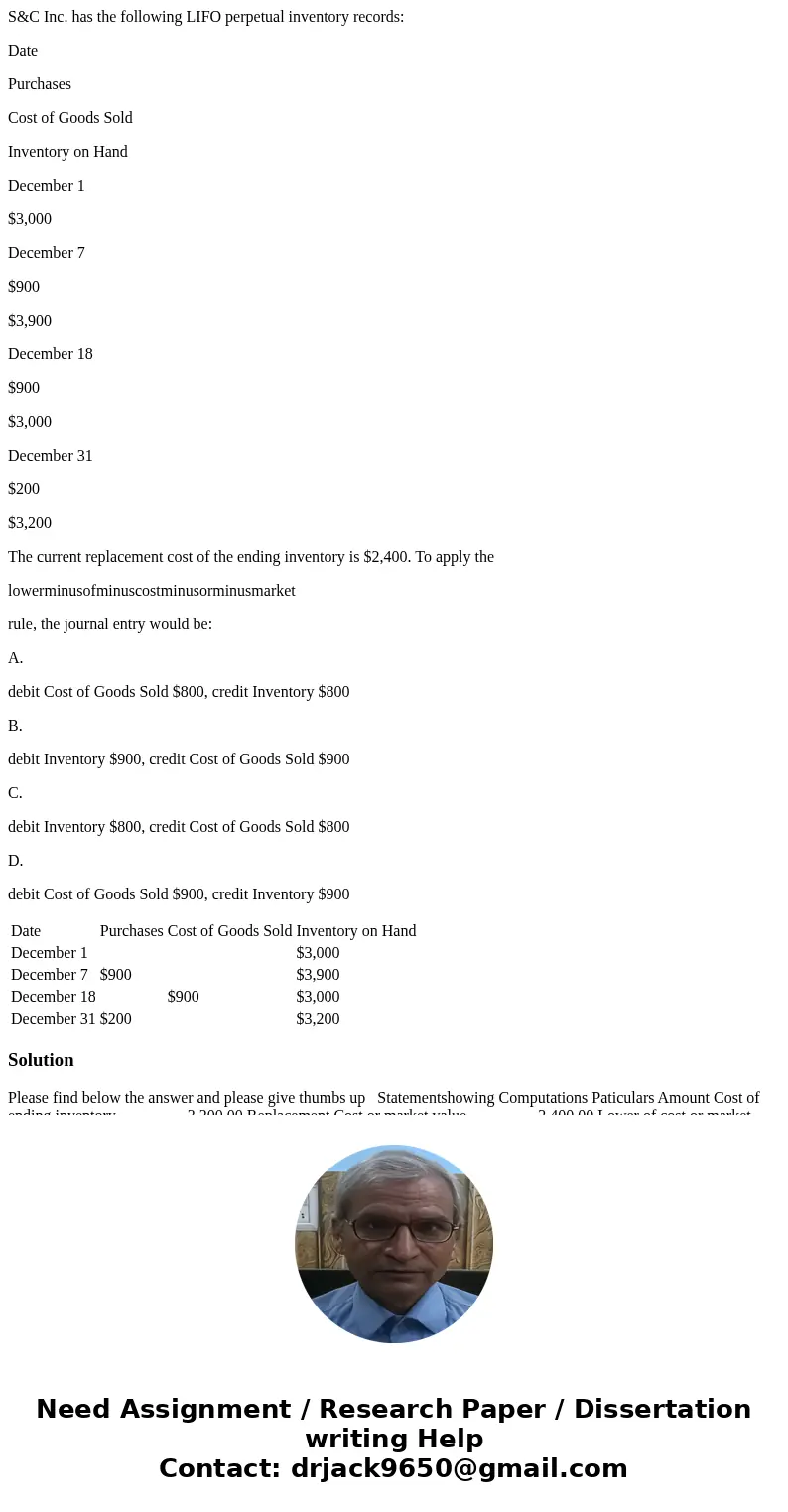 S&C Inc. has the following LIFO perpetual inventory records: Date Purchases Cost of Goods Sold Inventory on Hand December 1 $3,000 December 7 $900 $3,900 De S&C Inc. has the following LIFO perpetual inventory records: Date Purchases Cost of Goods Sold Inventory on Hand December 1 $3,000 December 7 $900 $3,900 De