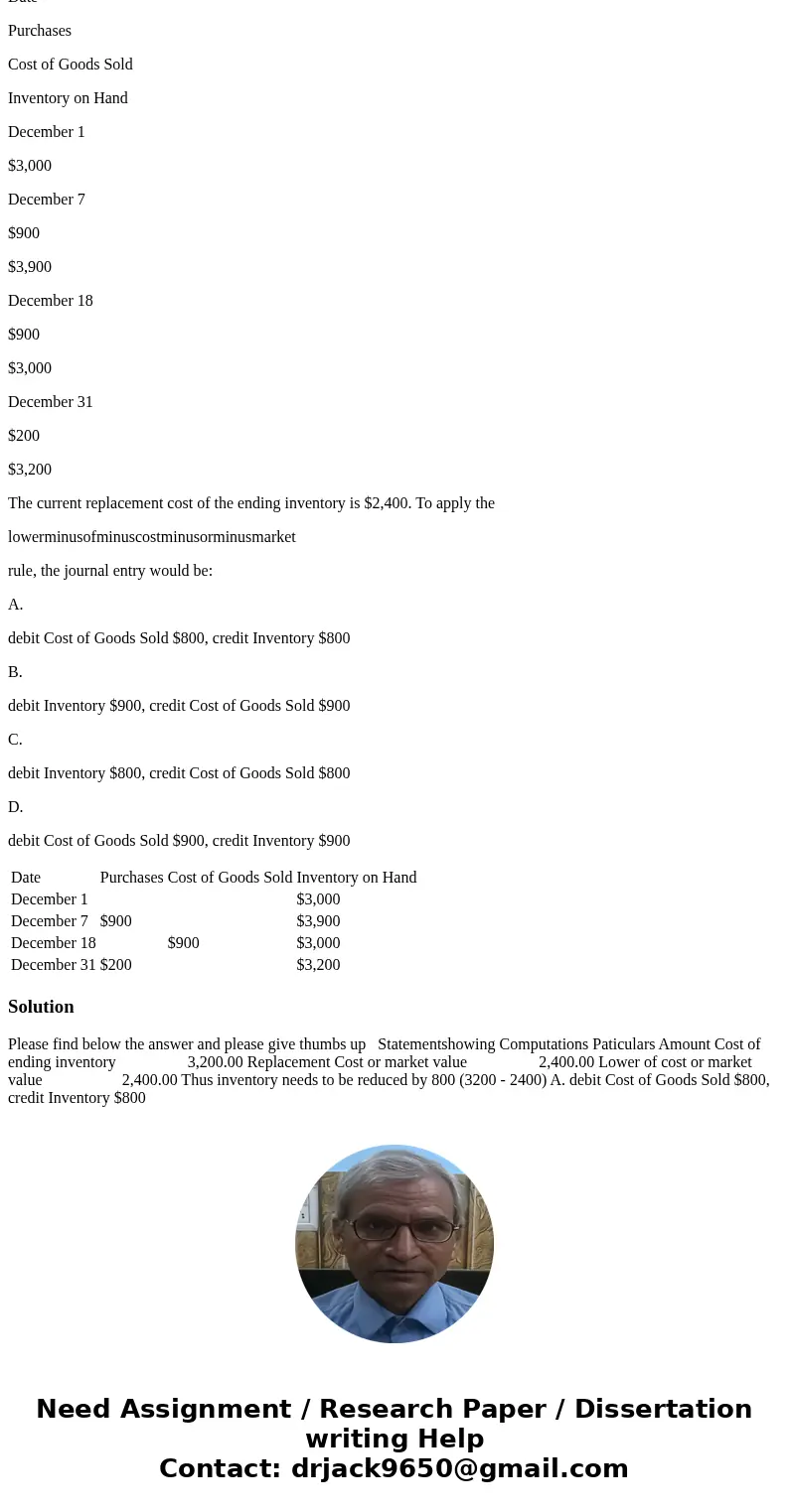 S&C Inc. has the following LIFO perpetual inventory records: Date Purchases Cost of Goods Sold Inventory on Hand December 1 $3,000 December 7 $900 $3,900 De S&C Inc. has the following LIFO perpetual inventory records: Date Purchases Cost of Goods Sold Inventory on Hand December 1 $3,000 December 7 $900 $3,900 De