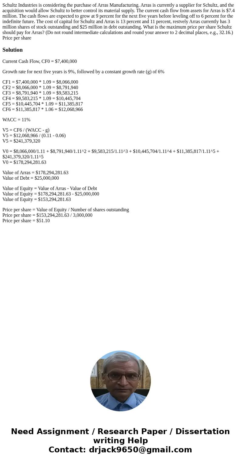 Schultz Industries is considering the purchase of Arras Manufacturing. Arras is currently a supplier for Schultz, and the acquisition would allow Schultz to be  Schultz Industries is considering the purchase of Arras Manufacturing. Arras is currently a supplier for Schultz, and the acquisition would allow Schultz to be