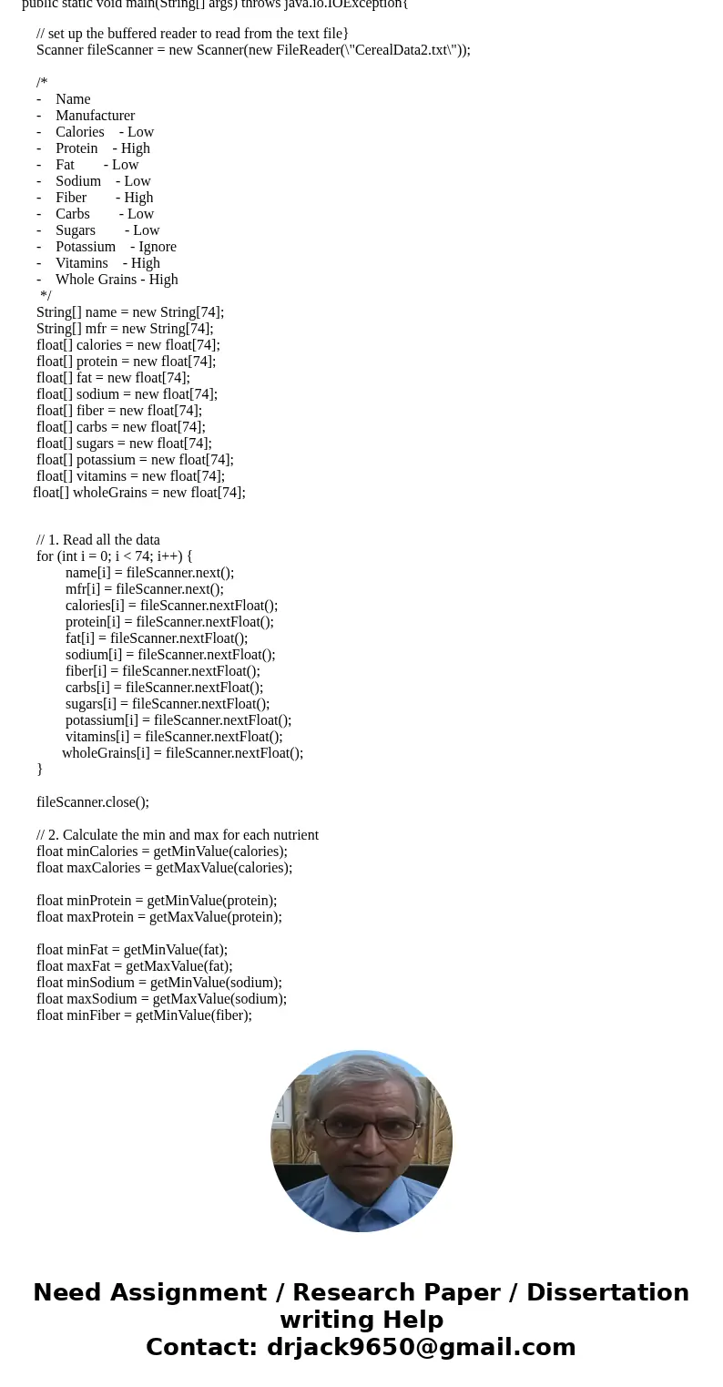 send edited code package part3; import java.io.*; import java.util.*; public class CerealRanker { public static float getMaxValue(float[] numbers){ float maxVal