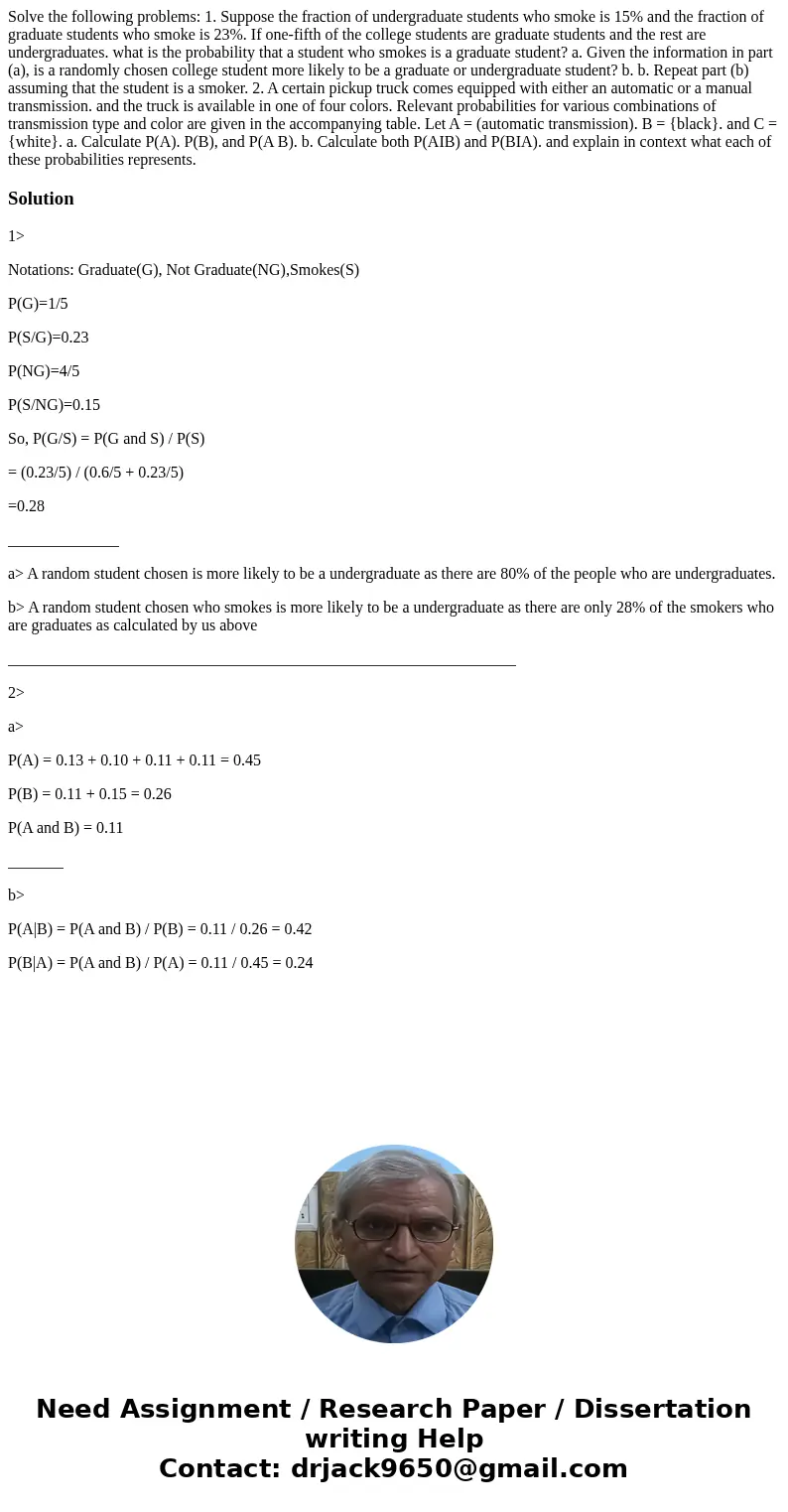 Solve the following problems: 1. Suppose the fraction of undergraduate students who smoke is 15% and the fraction of graduate students who smoke is 23%. If one  Solve the following problems: 1. Suppose the fraction of undergraduate students who smoke is 15% and the fraction of graduate students who smoke is 23%. If one