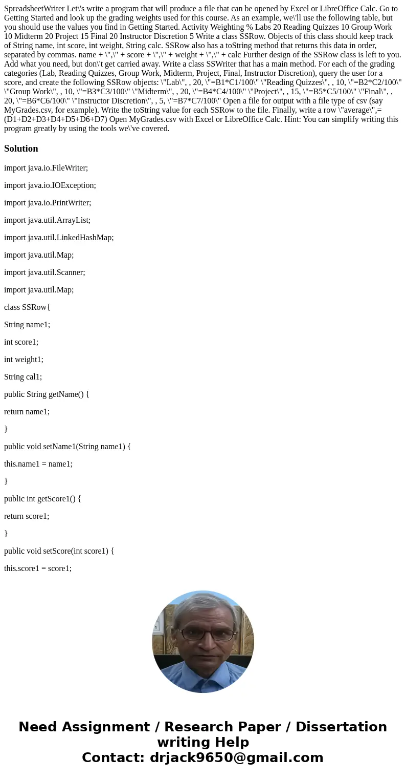 SpreadsheetWriter Let\'s write a program that will produce a file that can be opened by Excel or LibreOffice Calc. Go to Getting Started and look up the grading SpreadsheetWriter Let\'s write a program that will produce a file that can be opened by Excel or LibreOffice Calc. Go to Getting Started and look up the grading