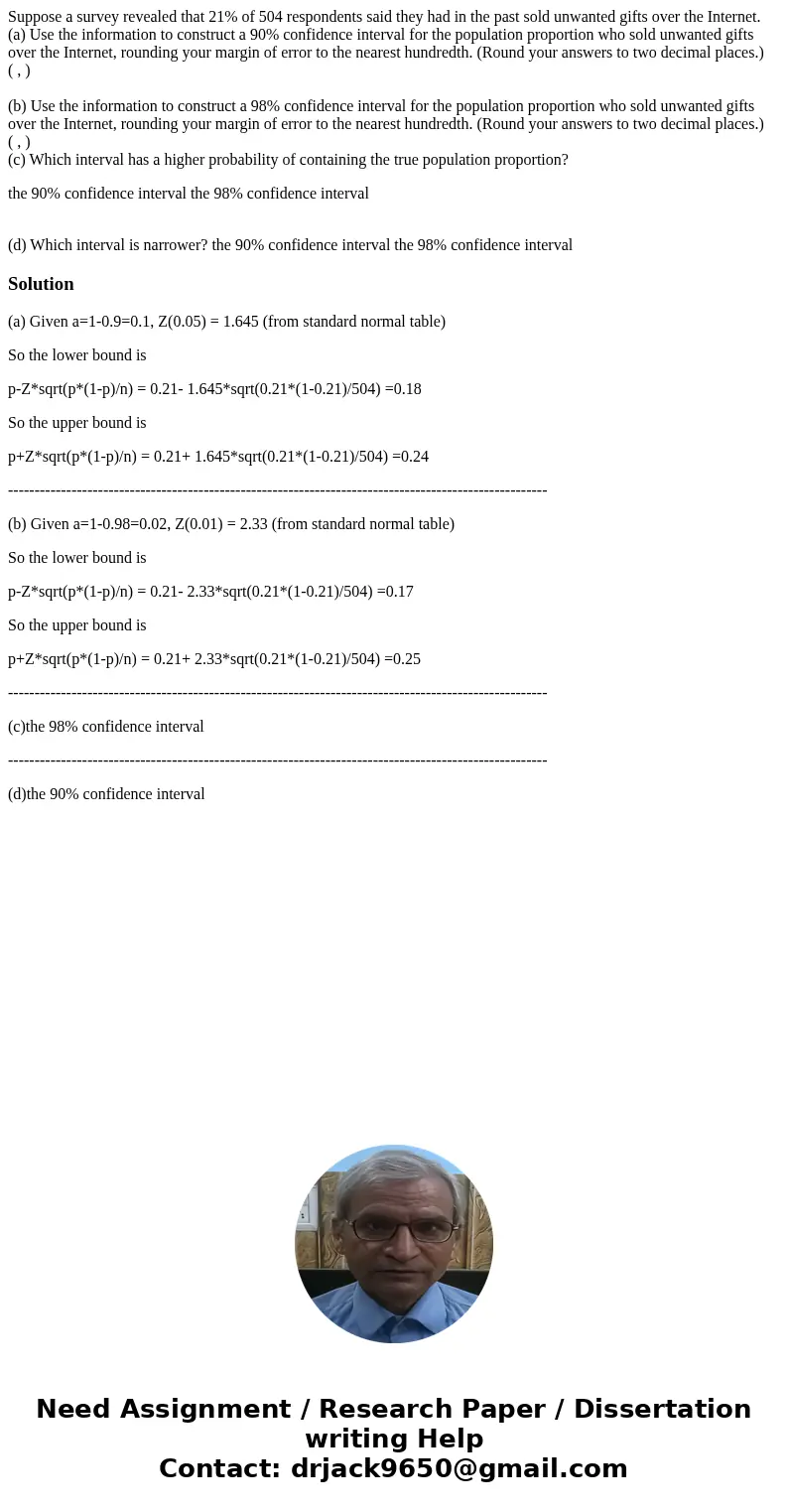 Suppose a survey revealed that 21% of 504 respondents said they had in the past sold unwanted gifts over the Internet. (a) Use the information to construct a 90 Suppose a survey revealed that 21% of 504 respondents said they had in the past sold unwanted gifts over the Internet. (a) Use the information to construct a 90