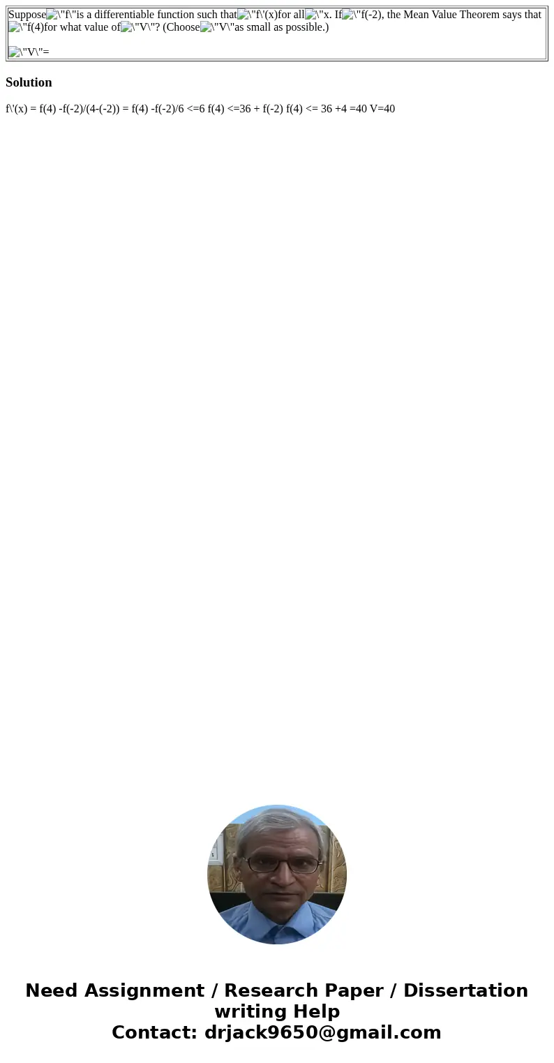  Supposeis a differentiable function such thatfor all. If, the Mean Value Theorem says thatfor what value of? (Chooseas small as possible.) = Solution f\'(x) = 