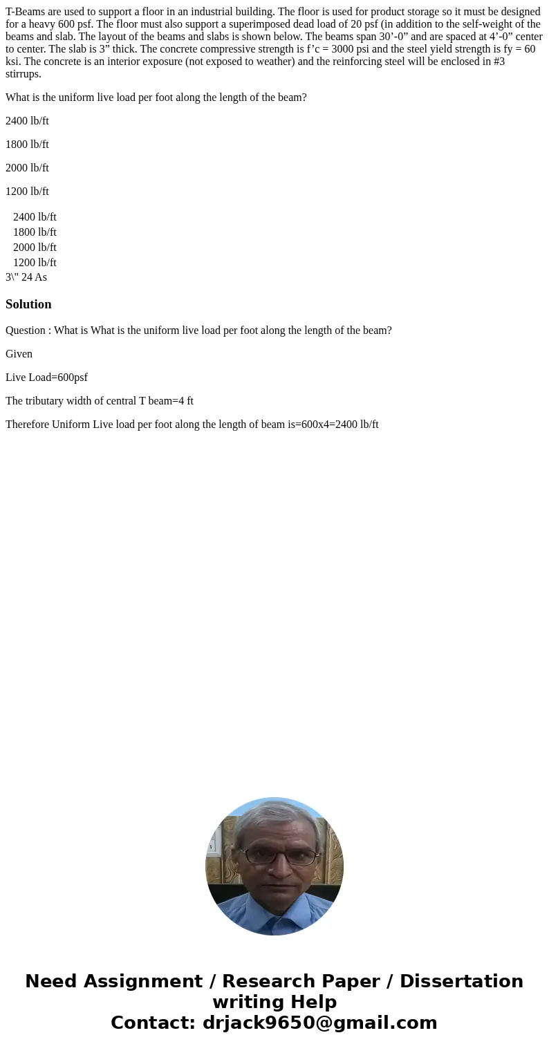 T-Beams are used to support a floor in an industrial building. The floor is used for product storage so it must be designed for a heavy 600 psf. The floor must 