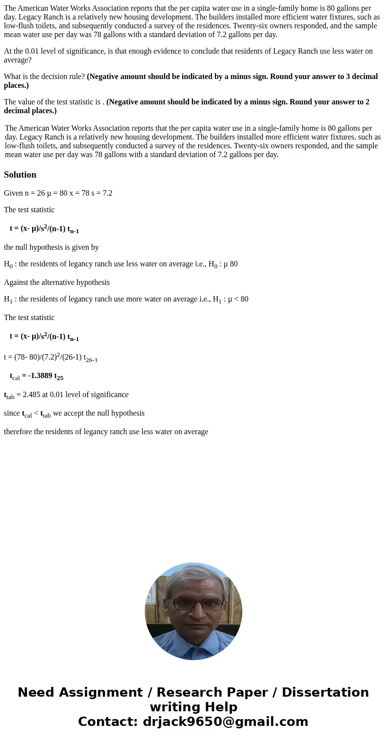 The American Water Works Association reports that the per capita water use in a single-family home is 80 gallons per day. Legacy Ranch is a relatively new housi The American Water Works Association reports that the per capita water use in a single-family home is 80 gallons per day. Legacy Ranch is a relatively new housi