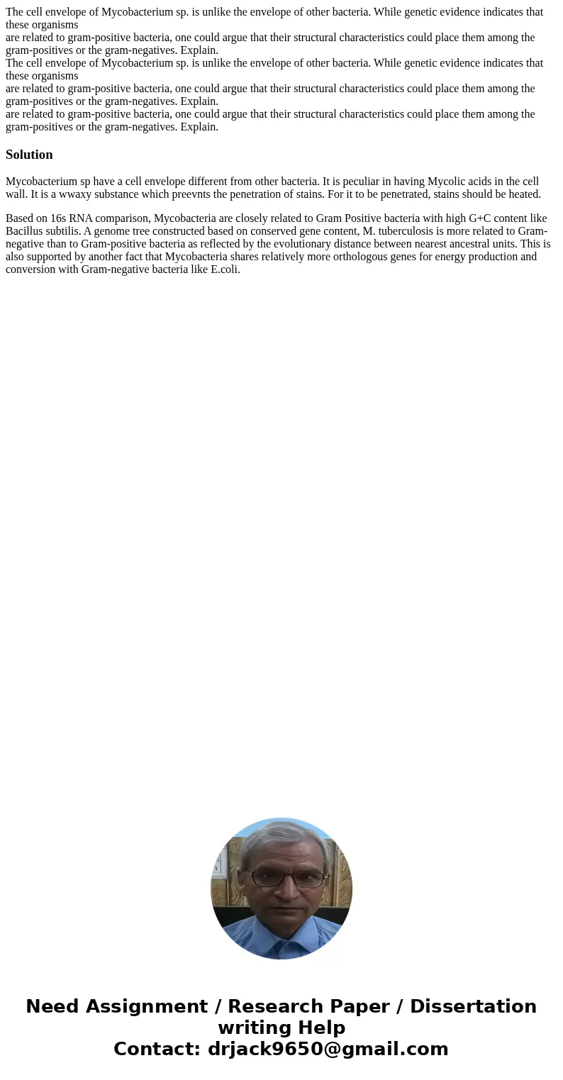 The cell envelope of Mycobacterium sp. is unlike the envelope of other bacteria. While genetic evidence indicates that these organisms are related to gram-posit The cell envelope of Mycobacterium sp. is unlike the envelope of other bacteria. While genetic evidence indicates that these organisms are related to gram-posit