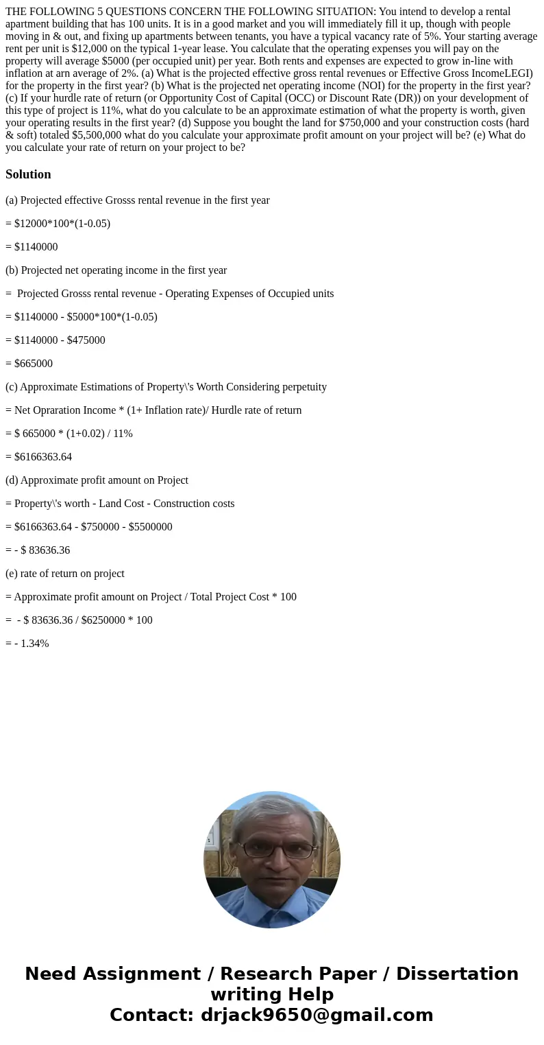 THE FOLLOWING 5 QUESTIONS CONCERN THE FOLLOWING SITUATION: You intend to develop a rental apartment building that has 100 units. It is in a good market and you  THE FOLLOWING 5 QUESTIONS CONCERN THE FOLLOWING SITUATION: You intend to develop a rental apartment building that has 100 units. It is in a good market and you