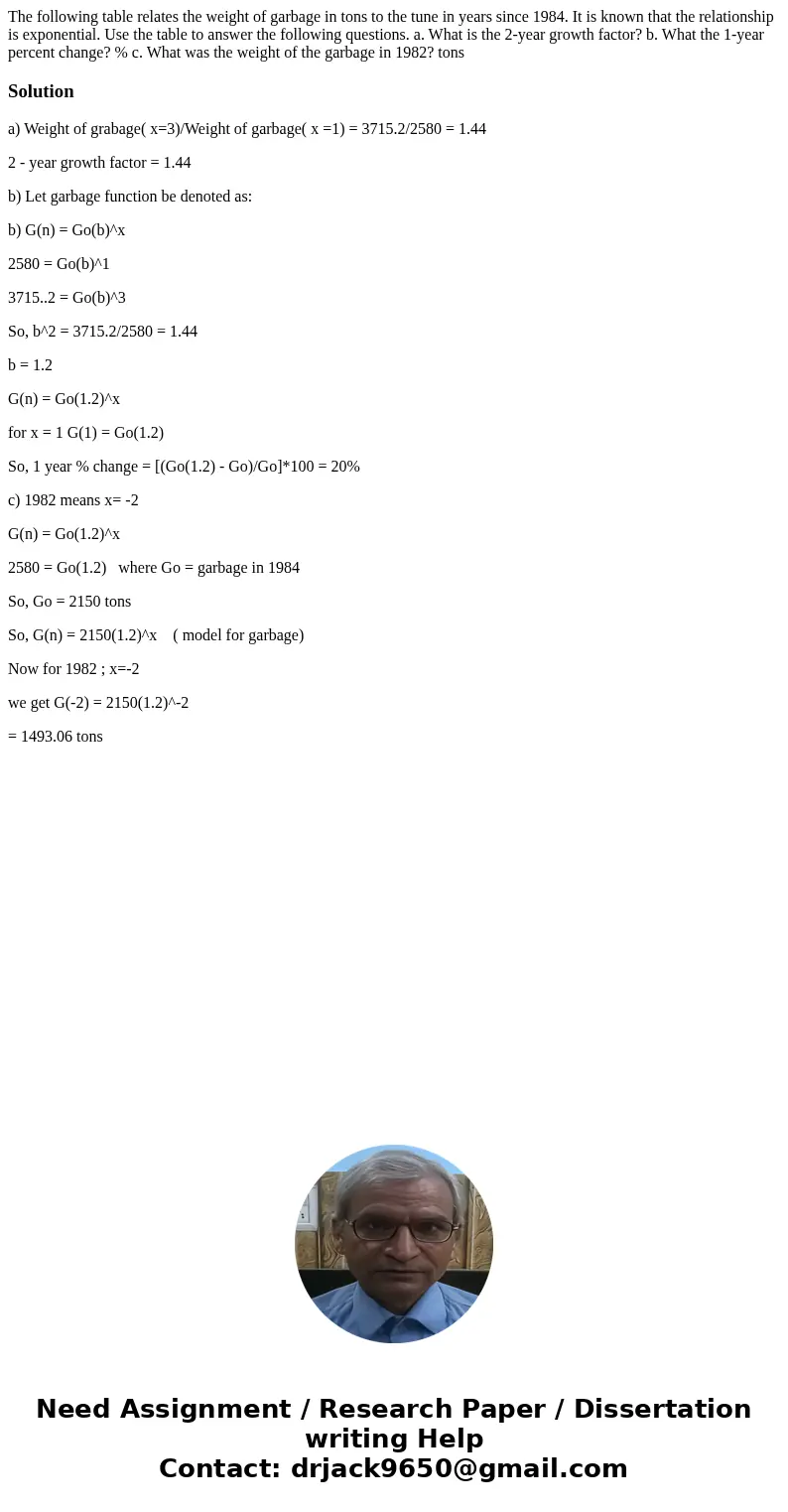  The following table relates the weight of garbage in tons to the tune in years since 1984. It is known that the relationship is exponential. Use the table to a