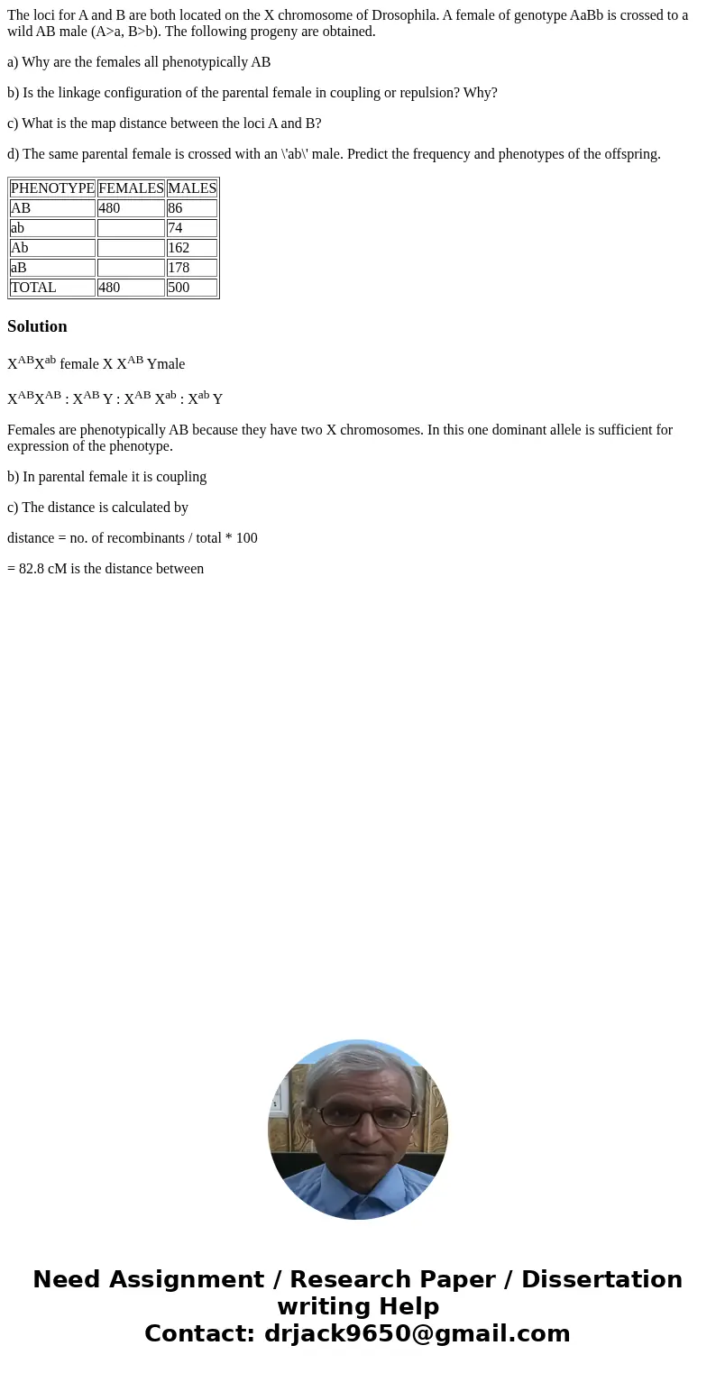 The loci for A and B are both located on the X chromosome of Drosophila. A female of genotype AaBb is crossed to a wild AB male (A>a, B>b). The following  The loci for A and B are both located on the X chromosome of Drosophila. A female of genotype AaBb is crossed to a wild AB male (A>a, B>b). The following