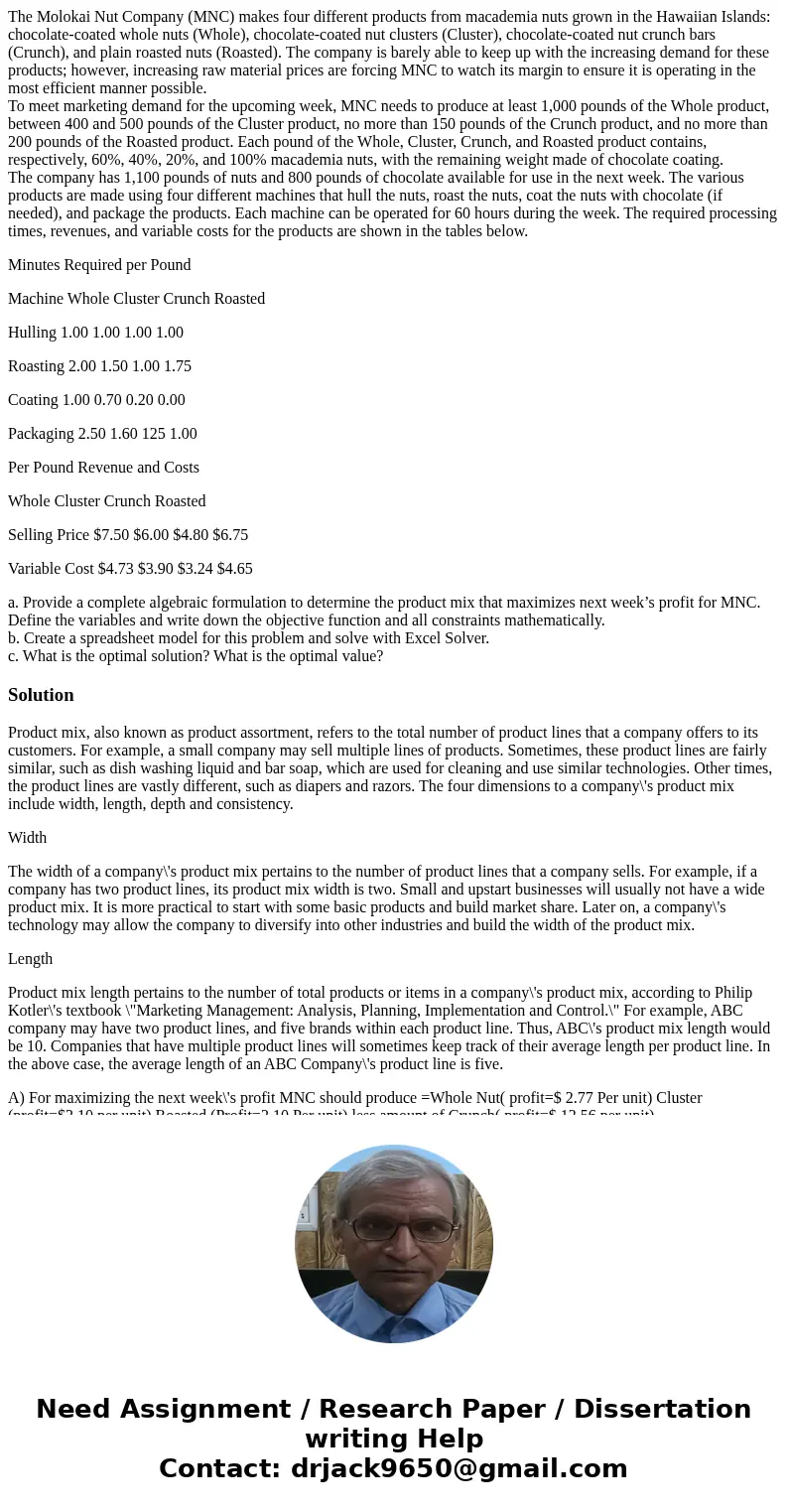 The Molokai Nut Company (MNC) makes four different products from macademia nuts grown in the Hawaiian Islands: chocolate-coated whole nuts (Whole), chocolate-co The Molokai Nut Company (MNC) makes four different products from macademia nuts grown in the Hawaiian Islands: chocolate-coated whole nuts (Whole), chocolate-co