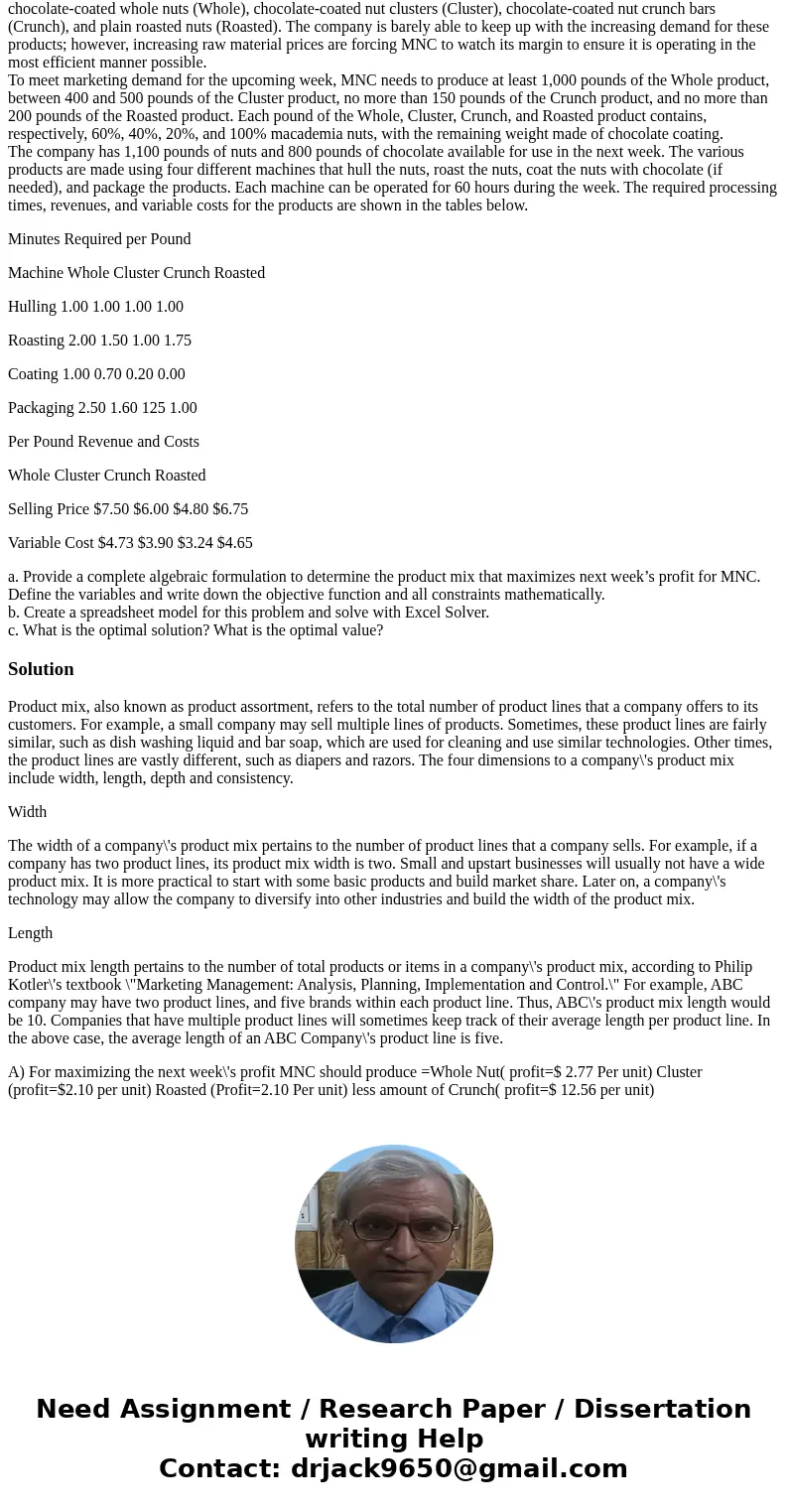 The Molokai Nut Company (MNC) makes four different products from macademia nuts grown in the Hawaiian Islands: chocolate-coated whole nuts (Whole), chocolate-co The Molokai Nut Company (MNC) makes four different products from macademia nuts grown in the Hawaiian Islands: chocolate-coated whole nuts (Whole), chocolate-co