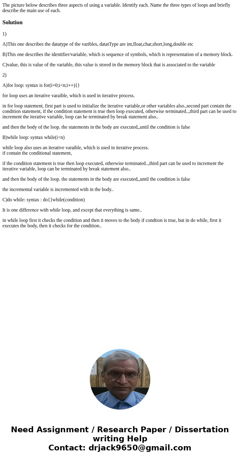  The picture below describes three aspects of using a variable. Identify each. Name the three types of loops and briefly describe the main use of each. Solution