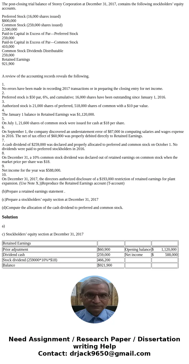 The post-closing trial balance of Storey Corporation at December 31, 2017, contains the following stockholders’ equity accounts. Preferred Stock (16,000 shares  The post-closing trial balance of Storey Corporation at December 31, 2017, contains the following stockholders’ equity accounts. Preferred Stock (16,000 shares