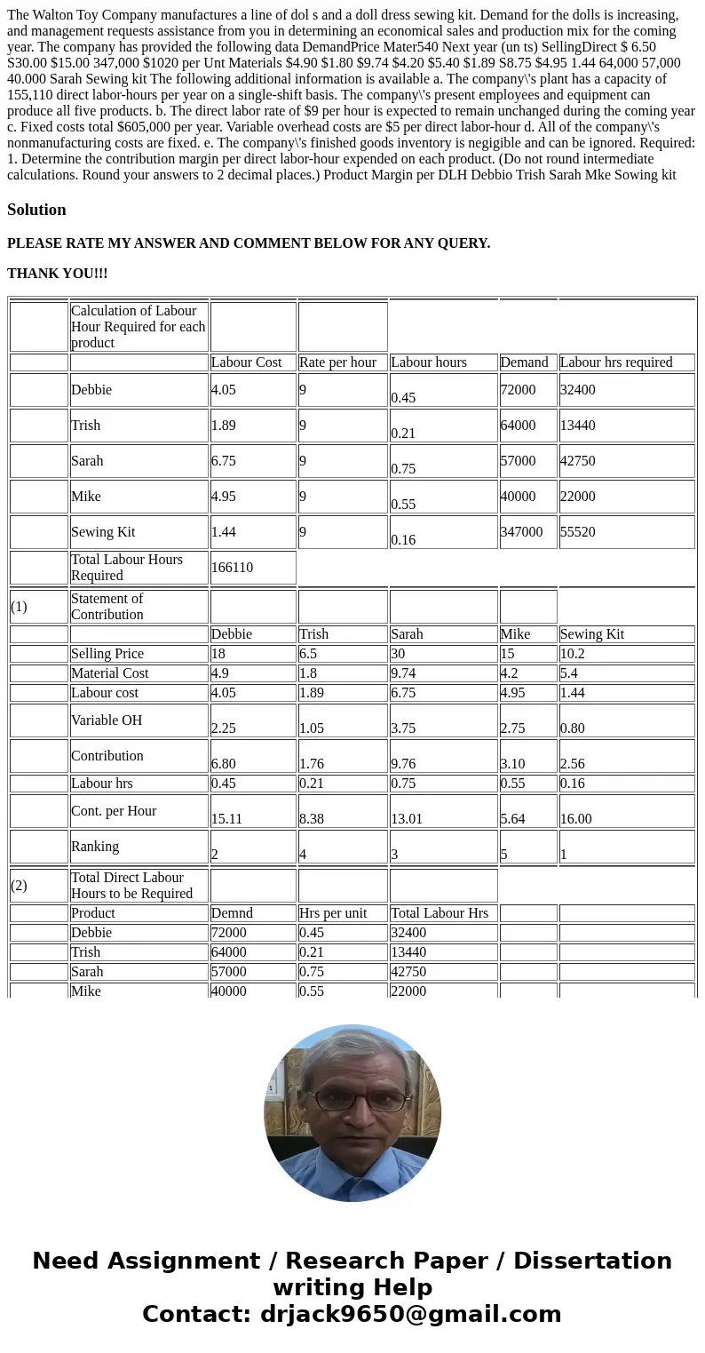  The Walton Toy Company manufactures a line of dol s and a doll dress sewing kit. Demand for the dolls is increasing, and management requests assistance from yo
