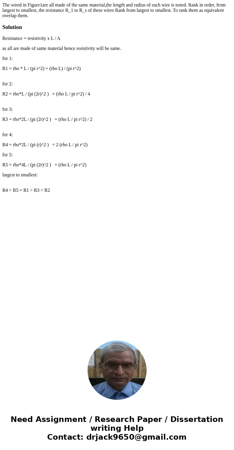 The wired in Figure1are all made of the same material,the length and radius of each wire is noted. Rank in order, from largest to smallest, the resistance R_1   The wired in Figure1are all made of the same material,the length and radius of each wire is noted. Rank in order, from largest to smallest, the resistance R_1
