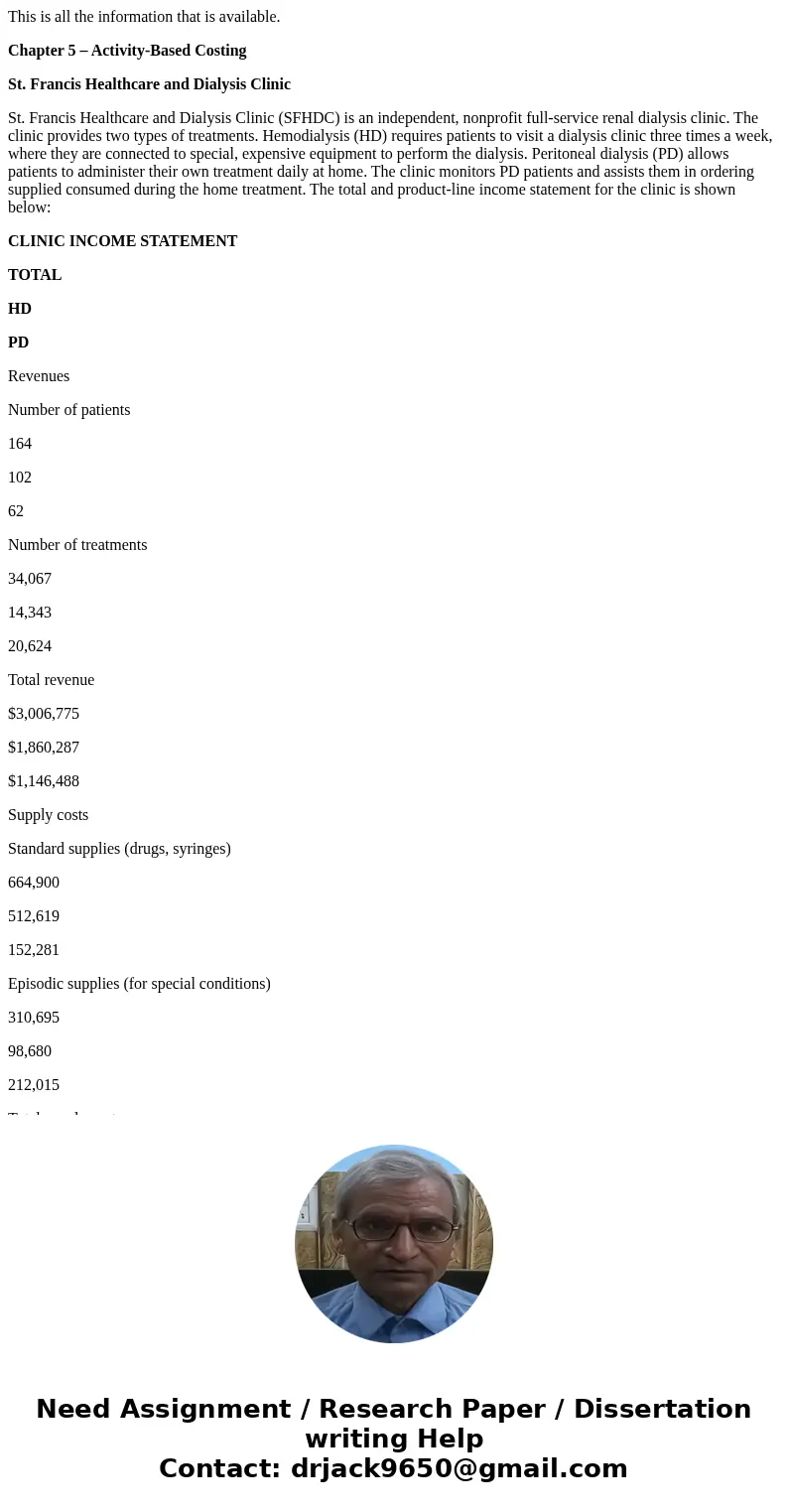 This is all the information that is available. Chapter 5 – Activity-Based Costing St. Francis Healthcare and Dialysis Clinic St. Francis Healthcare and Dialysis