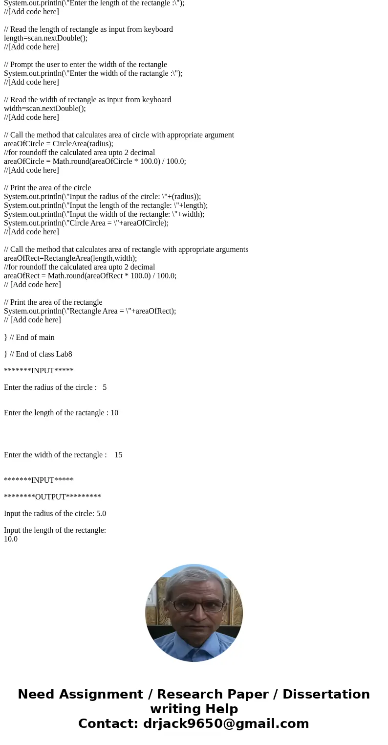  This lab is to understand the concept of methods in JAVA. Here we create two methods, CircleArea and RectangleArea to compute the area of a circle and a rectan
