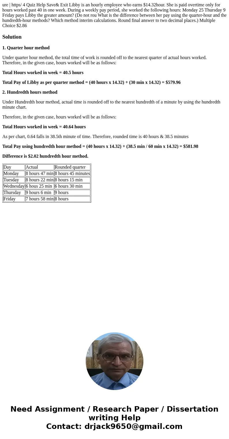  ure | https/ 4 Quiz Help Save& Exit Libby is an hourly employee who earns $14.32hour. She is paid overtime only for hours worked past 40 in one week. Durin
