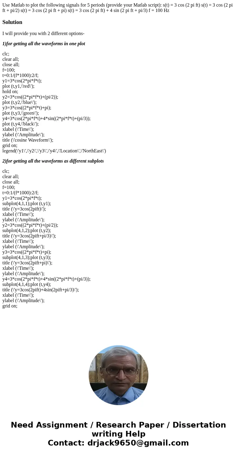 Use Matlab to plot the following signals for 5 periods (provide your Matlab script): s(t) = 3 cos (2 pi ft) s(t) = 3 cos (2 pi ft + pi/2) s(t) = 3 cos (2 pi ft  Use Matlab to plot the following signals for 5 periods (provide your Matlab script): s(t) = 3 cos (2 pi ft) s(t) = 3 cos (2 pi ft + pi/2) s(t) = 3 cos (2 pi ft