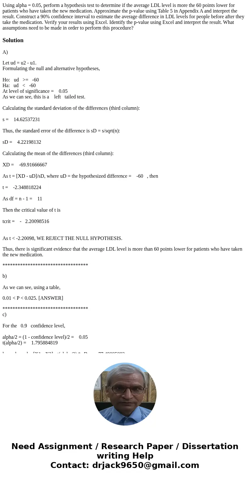 Using alpha = 0.05, perform a hypothesis test to determine if the average LDL level is more the 60 points lower for patients who have taken the new medication.  Using alpha = 0.05, perform a hypothesis test to determine if the average LDL level is more the 60 points lower for patients who have taken the new medication.