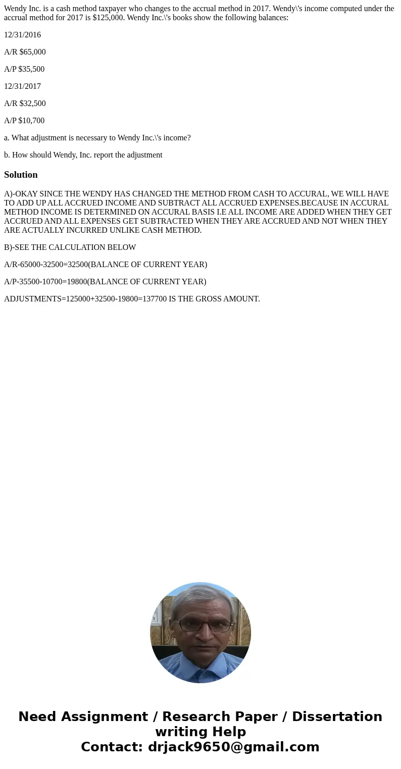 Wendy Inc. is a cash method taxpayer who changes to the accrual method in 2017. Wendy\'s income computed under the accrual method for 2017 is $125,000. Wendy In Wendy Inc. is a cash method taxpayer who changes to the accrual method in 2017. Wendy\'s income computed under the accrual method for 2017 is $125,000. Wendy In