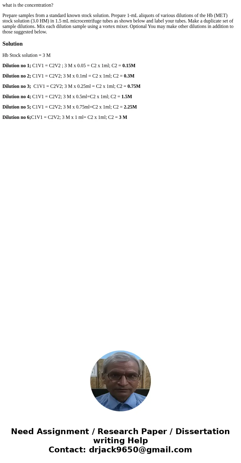what is the concentration? Prepare samples from a standard known stock solution. Prepare 1-mL aliquots of various dilutions of the Hb (MET) stock solution (3.0  what is the concentration? Prepare samples from a standard known stock solution. Prepare 1-mL aliquots of various dilutions of the Hb (MET) stock solution (3.0
