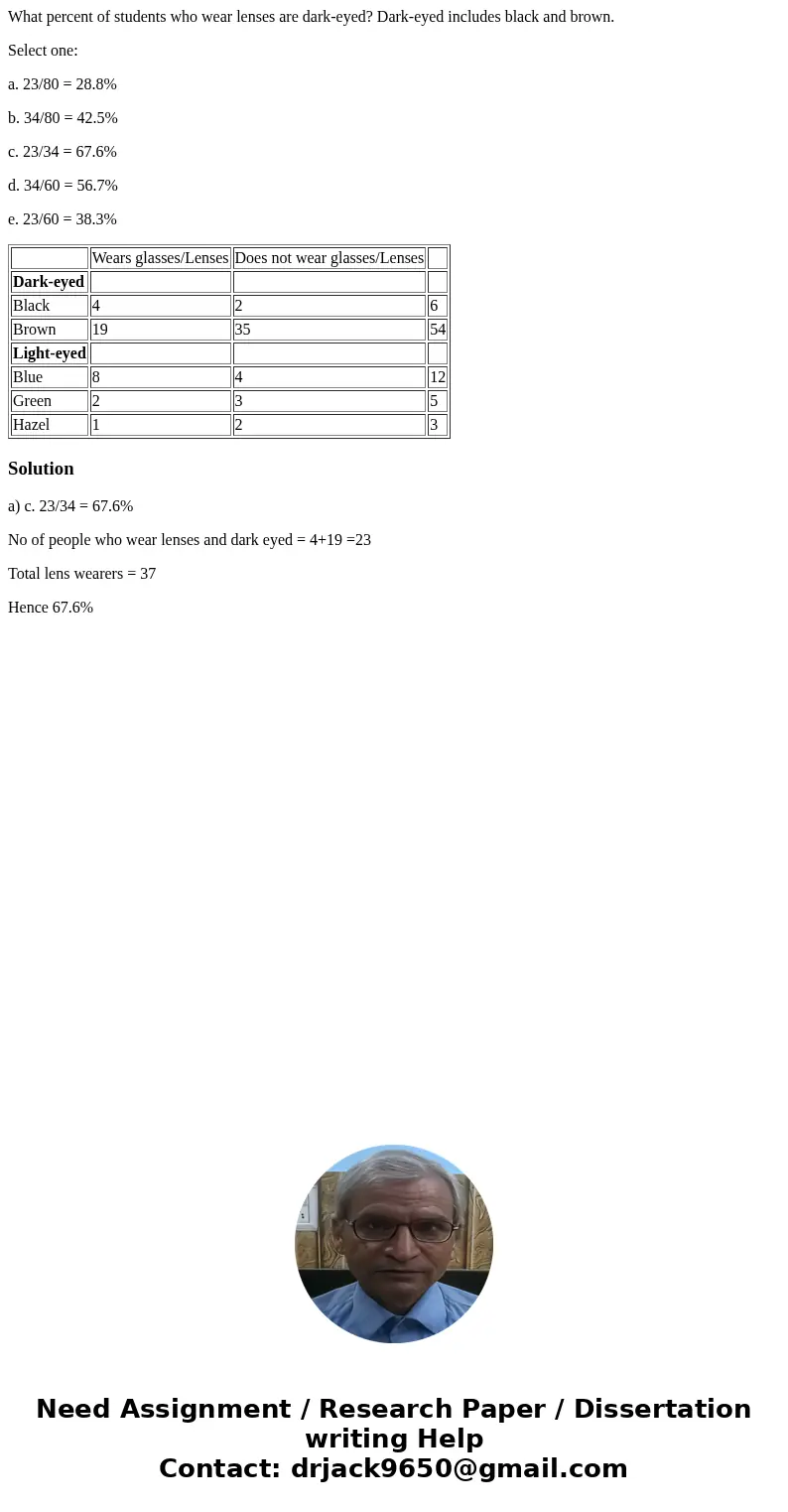 What percent of students who wear lenses are dark-eyed? Dark-eyed includes black and brown. Select one: a. 23/80 = 28.8% b. 34/80 = 42.5% c. 23/34 = 67.6% d. 34