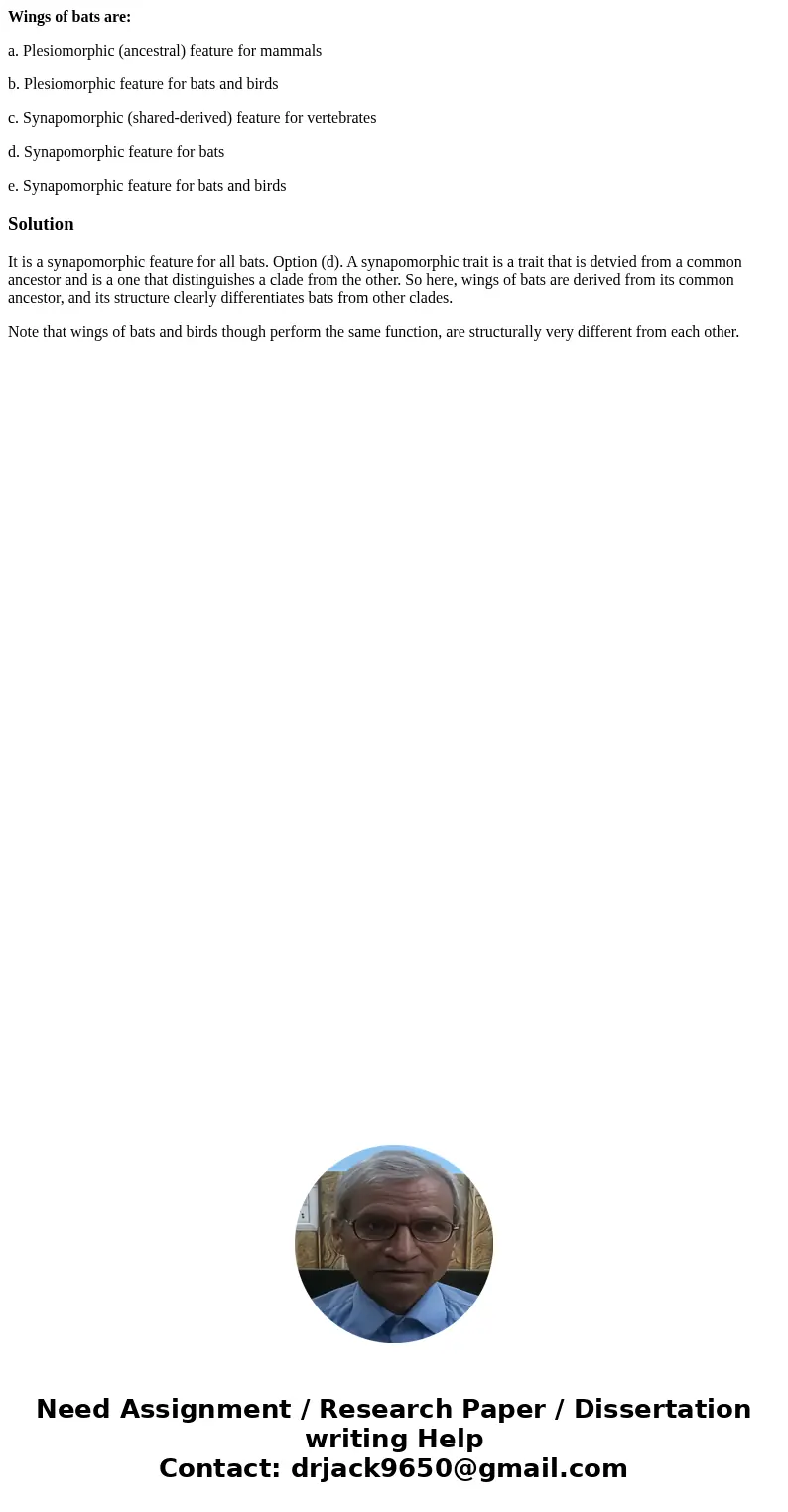 Wings of bats are: a. Plesiomorphic (ancestral) feature for mammals b. Plesiomorphic feature for bats and birds c. Synapomorphic (shared-derived) feature for ve Wings of bats are: a. Plesiomorphic (ancestral) feature for mammals b. Plesiomorphic feature for bats and birds c. Synapomorphic (shared-derived) feature for ve