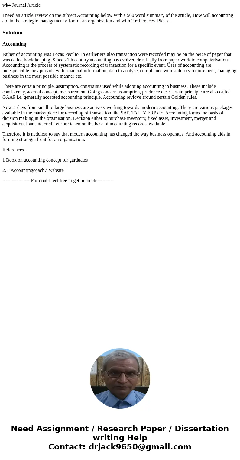 wk4 Journal Article I need an article/review on the subject Accounting below with a 500 word summary of the article, How will accounting aid in the strategic ma wk4 Journal Article I need an article/review on the subject Accounting below with a 500 word summary of the article, How will accounting aid in the strategic ma