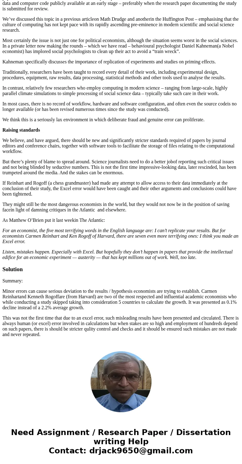 Write a comment/summary about the article below in 1 - 2 paragraphs The Reinhart-Rogoff error – or how not to Excel at economics Last week we learned a famous 2 Write a comment/summary about the article below in 1 - 2 paragraphs The Reinhart-Rogoff error – or how not to Excel at economics Last week we learned a famous 2
