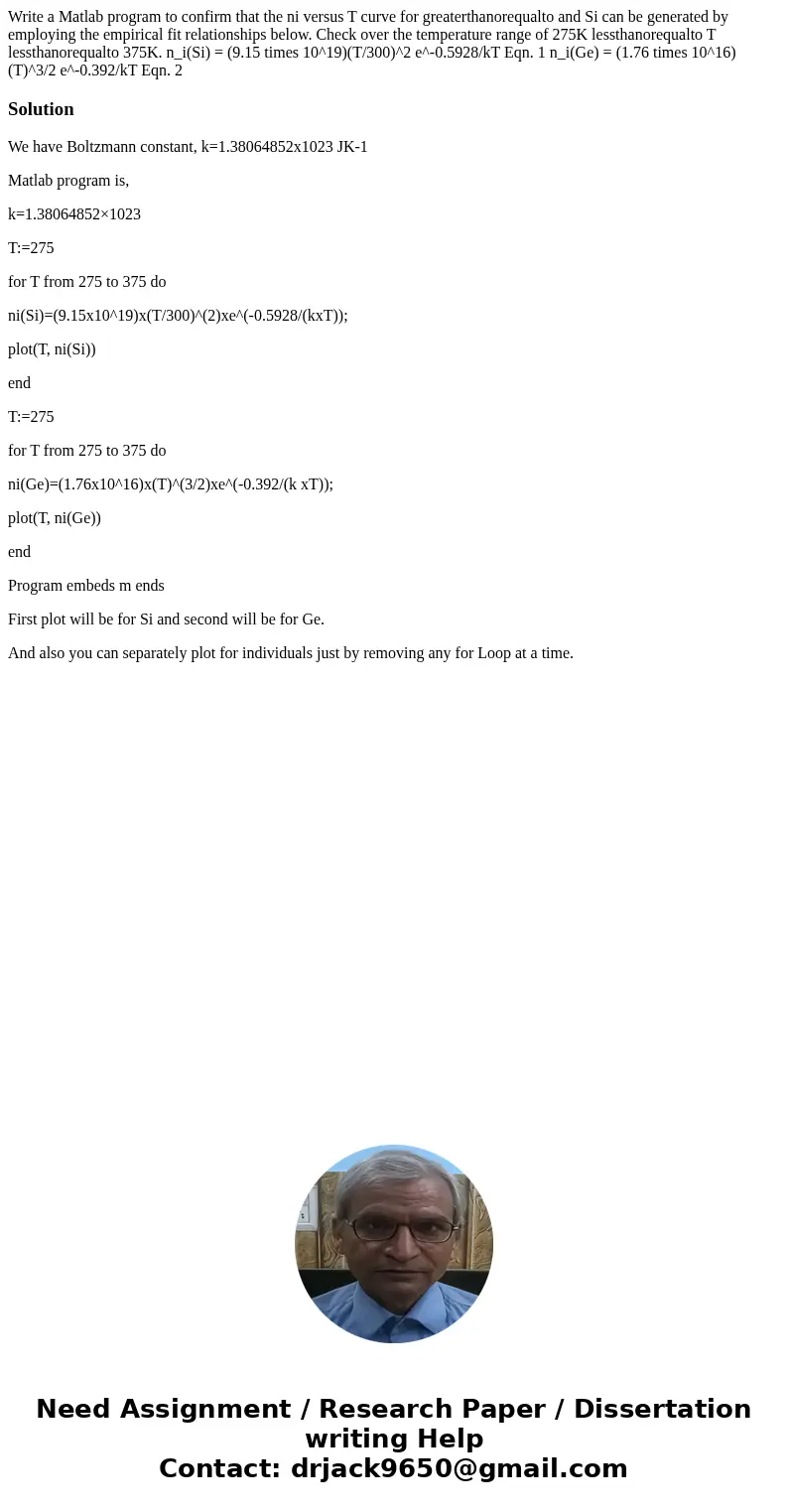 Write a Matlab program to confirm that the ni versus T curve for greaterthanorequalto and Si can be generated by employing the empirical fit relationships belo  Write a Matlab program to confirm that the ni versus T curve for greaterthanorequalto and Si can be generated by employing the empirical fit relationships belo