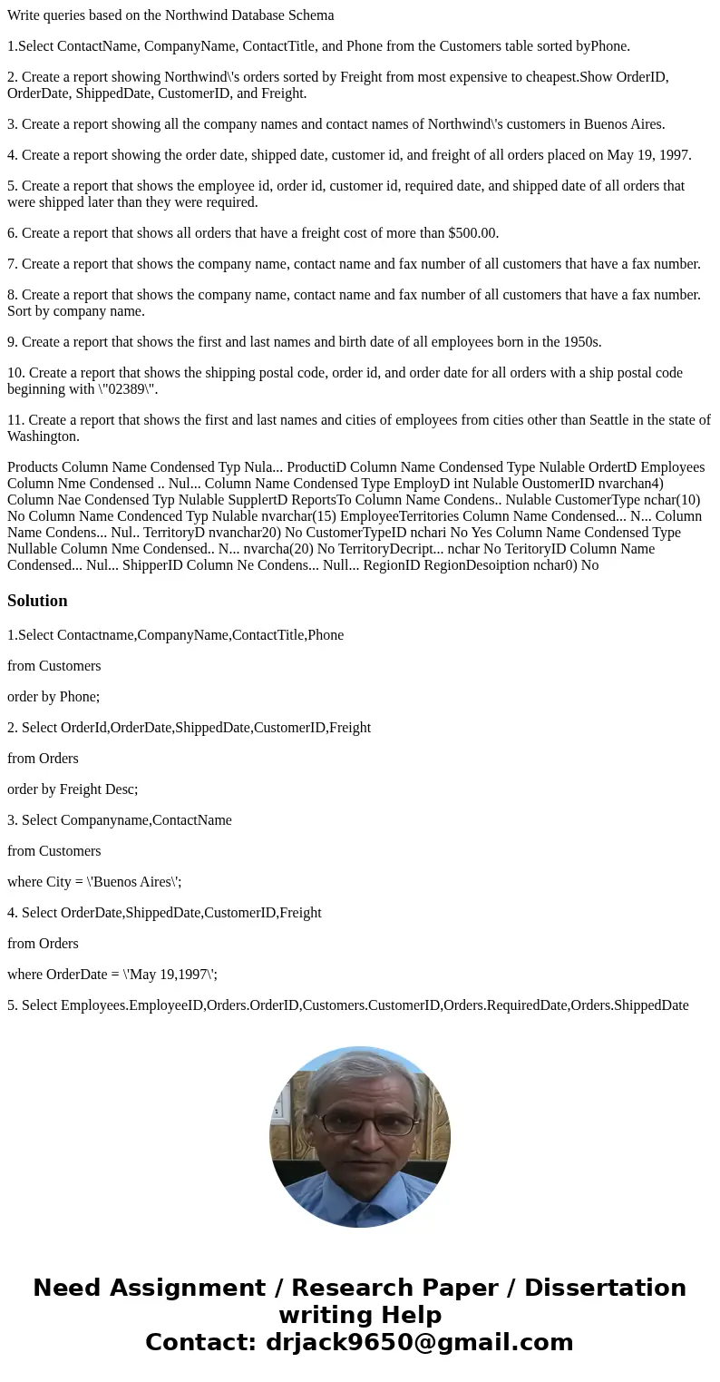 Write queries based on the Northwind Database Schema 1.Select ContactName, CompanyName, ContactTitle, and Phone from the Customers table sorted byPhone. 2. Crea Write queries based on the Northwind Database Schema 1.Select ContactName, CompanyName, ContactTitle, and Phone from the Customers table sorted byPhone. 2. Crea