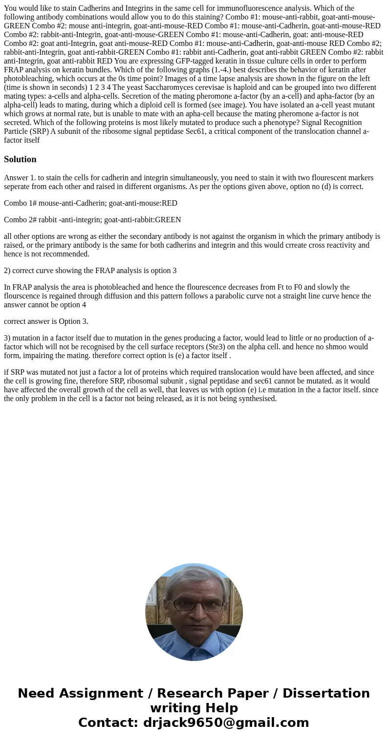  You would like to stain Cadherins and Integrins in the same cell for immunofluorescence analysis. Which of the following antibody combinations would allow you 