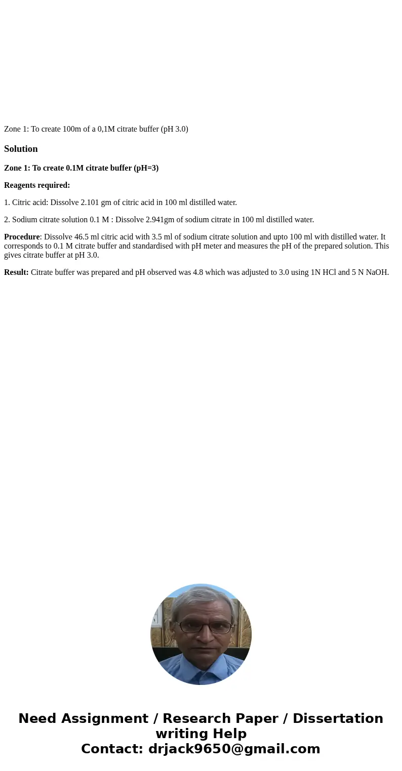Zone 1: To create 100m of a 0,1M citrate buffer (pH 3.0) SolutionZone 1: To create 0.1M citrate buffer (pH=3) Reagents required: 1. Citric acid: Dissolve 2.101  Zone 1: To create 100m of a 0,1M citrate buffer (pH 3.0) SolutionZone 1: To create 0.1M citrate buffer (pH=3) Reagents required: 1. Citric acid: Dissolve 2.101