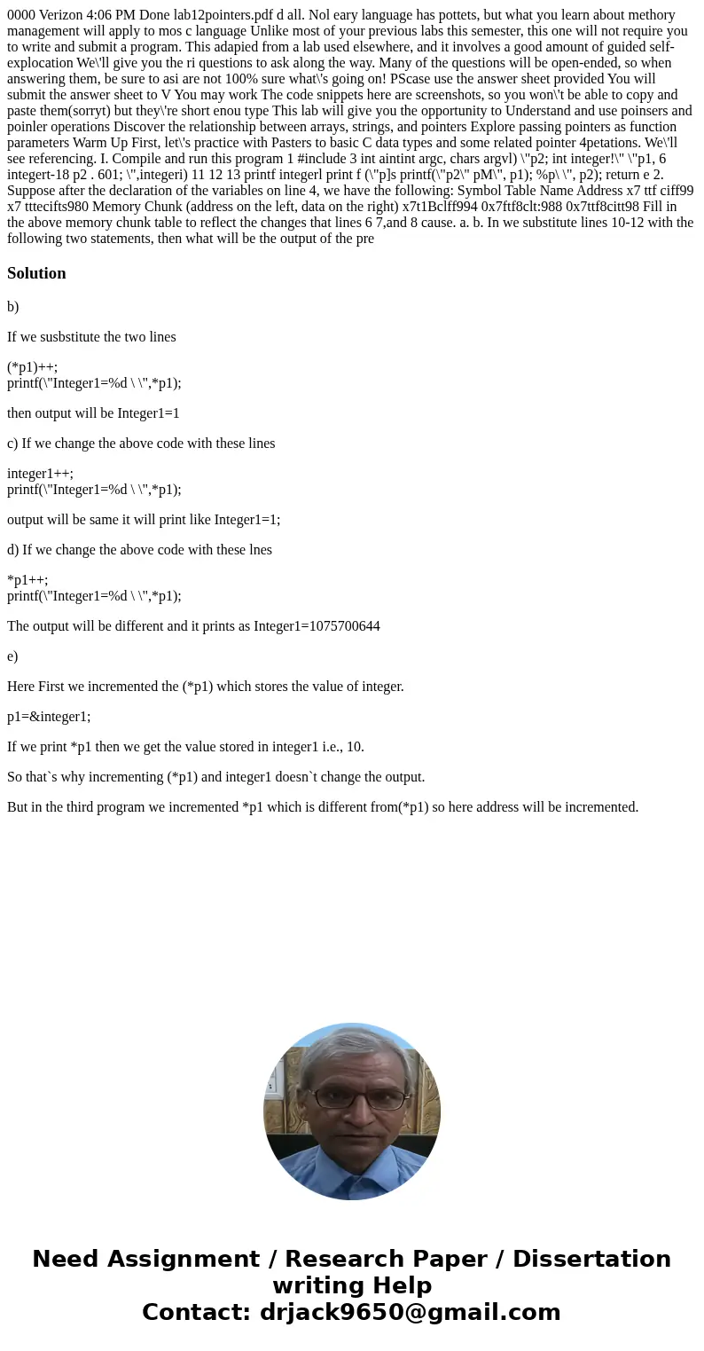 0000 Verizon 4:06 PM Done lab12pointers.pdf d all. Nol eary language has pottets, but what you learn about methory management will apply to mos c language Unli