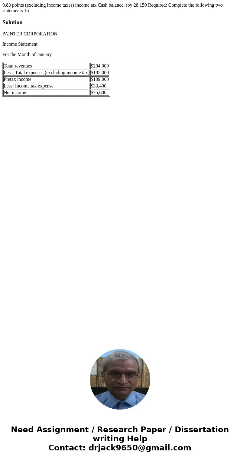 0.83 points (excluding income taxes) income tax Cash balance, (by 28,150 Required: Complete the following two statements 16 SolutionPAINTER CORPORATION Income 0.83 points (excluding income taxes) income tax Cash balance, (by 28,150 Required: Complete the following two statements 16 SolutionPAINTER CORPORATION Income