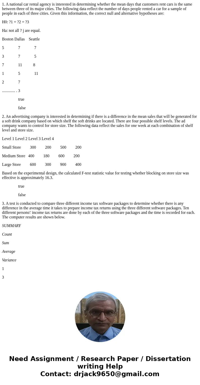 1. A national car rental agency is interested in determining whether the mean days that customers rent cars is the same between three of its major cities. The f 1. A national car rental agency is interested in determining whether the mean days that customers rent cars is the same between three of its major cities. The f