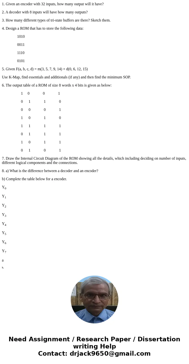 1. Given an encoder with 32 inputs, how many output will it have? 2. A decoder with 8 inputs will have how many outputs? 3. How many different types of tri-stat 1. Given an encoder with 32 inputs, how many output will it have? 2. A decoder with 8 inputs will have how many outputs? 3. How many different types of tri-stat