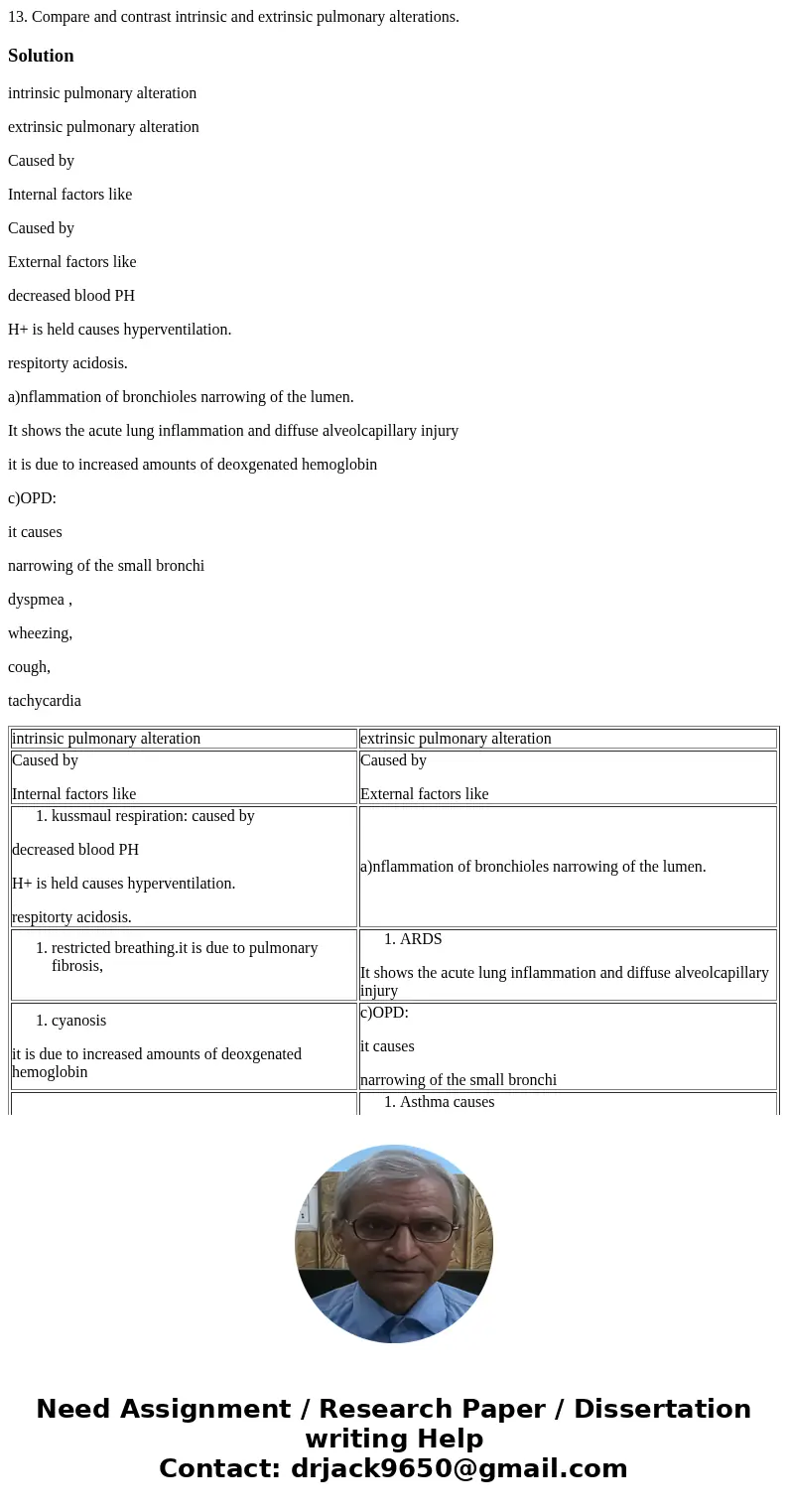 13. Compare and contrast intrinsic and extrinsic pulmonary alterations.Solutionintrinsic pulmonary alteration extrinsic pulmonary alteration Caused by Internal 