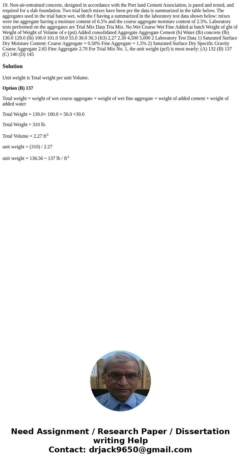  19. Non-air-entrained concrete, designed in accordance with the Port land Cement Association, is pared and tested, and required for a slab foundation. Two tria