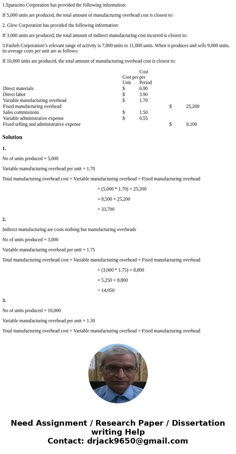 1.Sparacino Corporation has provided the following information: If 5,000 units are produced, the total amount of manufacturing overhead cost is closest to: 2. G